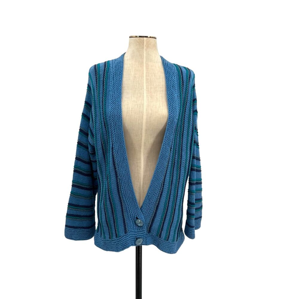 Storybook Knits‎ Jazzy Weave Shrug Sweater Blue Striped Knit Cardigan Size Large